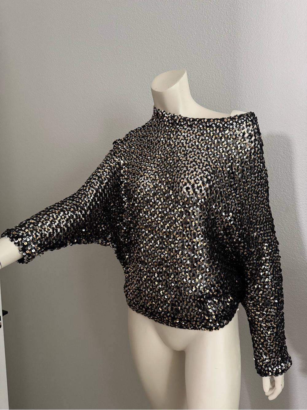 Vintage Sequin Boatneck Long Sleeve Top - Black